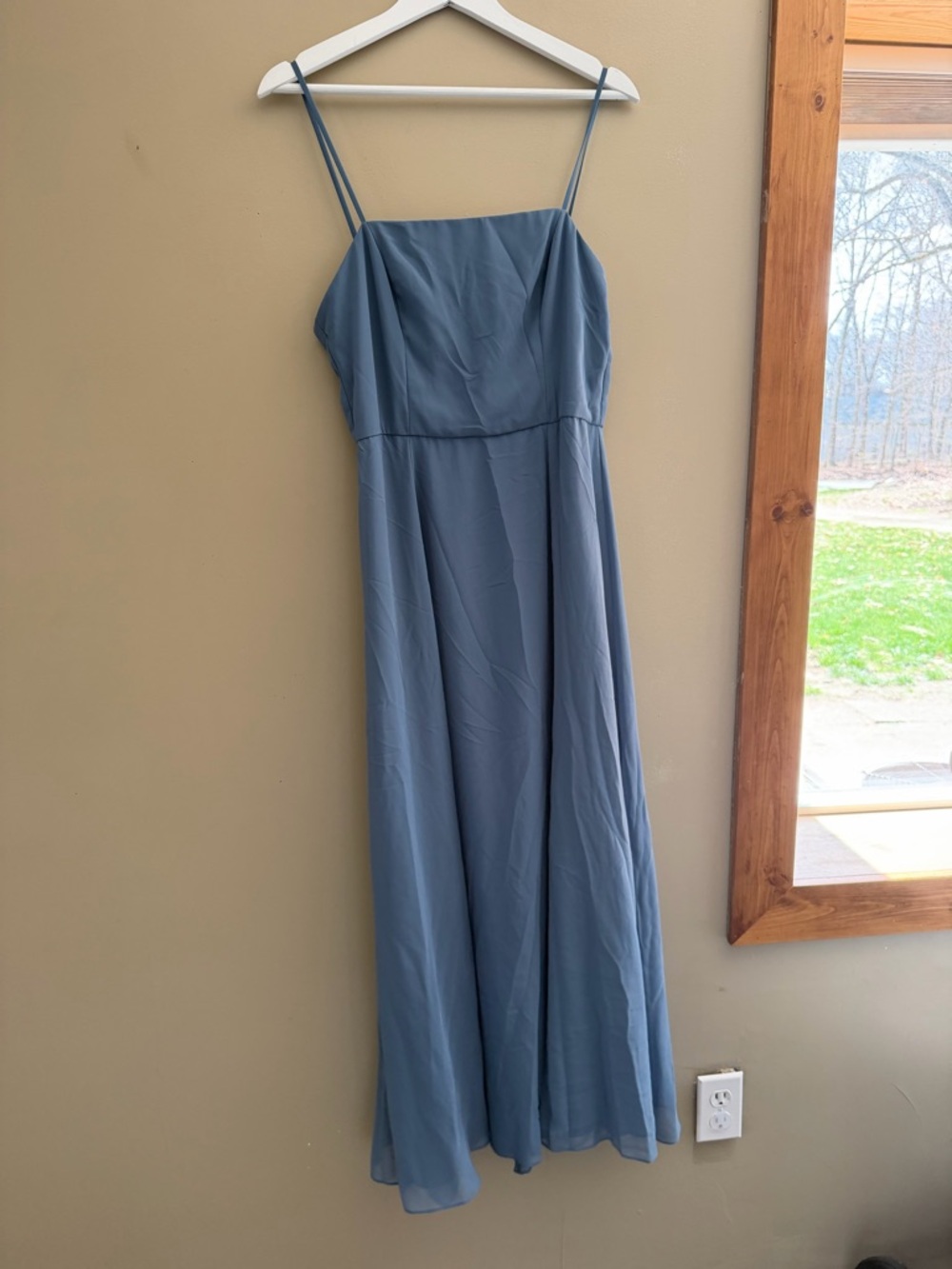 David's Bridal Dusty Blue Spaghetti Strap Maxi Dress